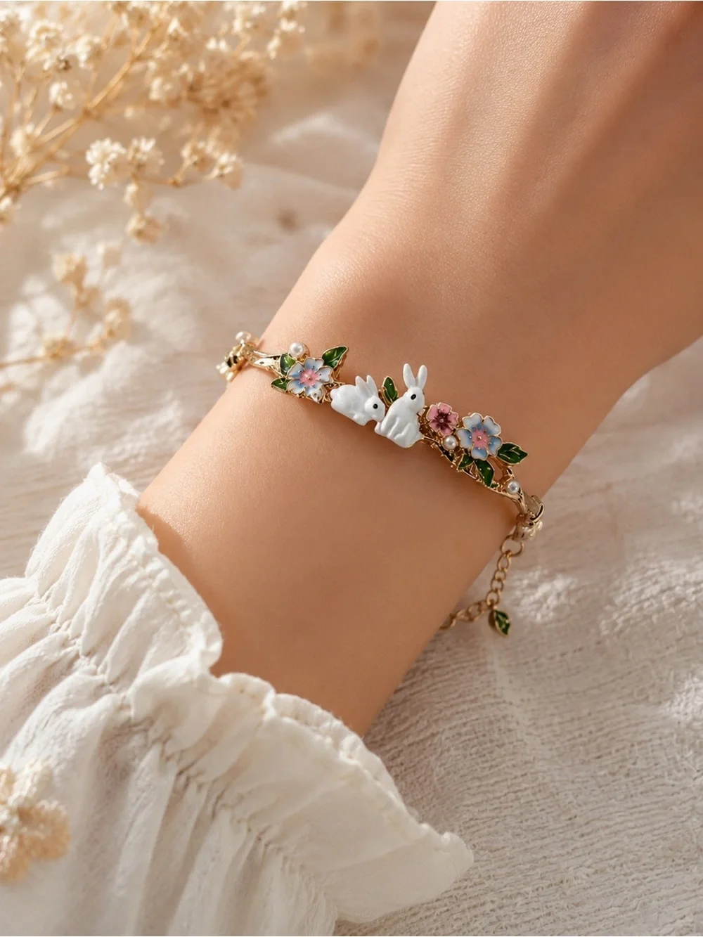Kawaii Bunny & Floral Gold-Tone Bracelet Pearl Accent Adjustable